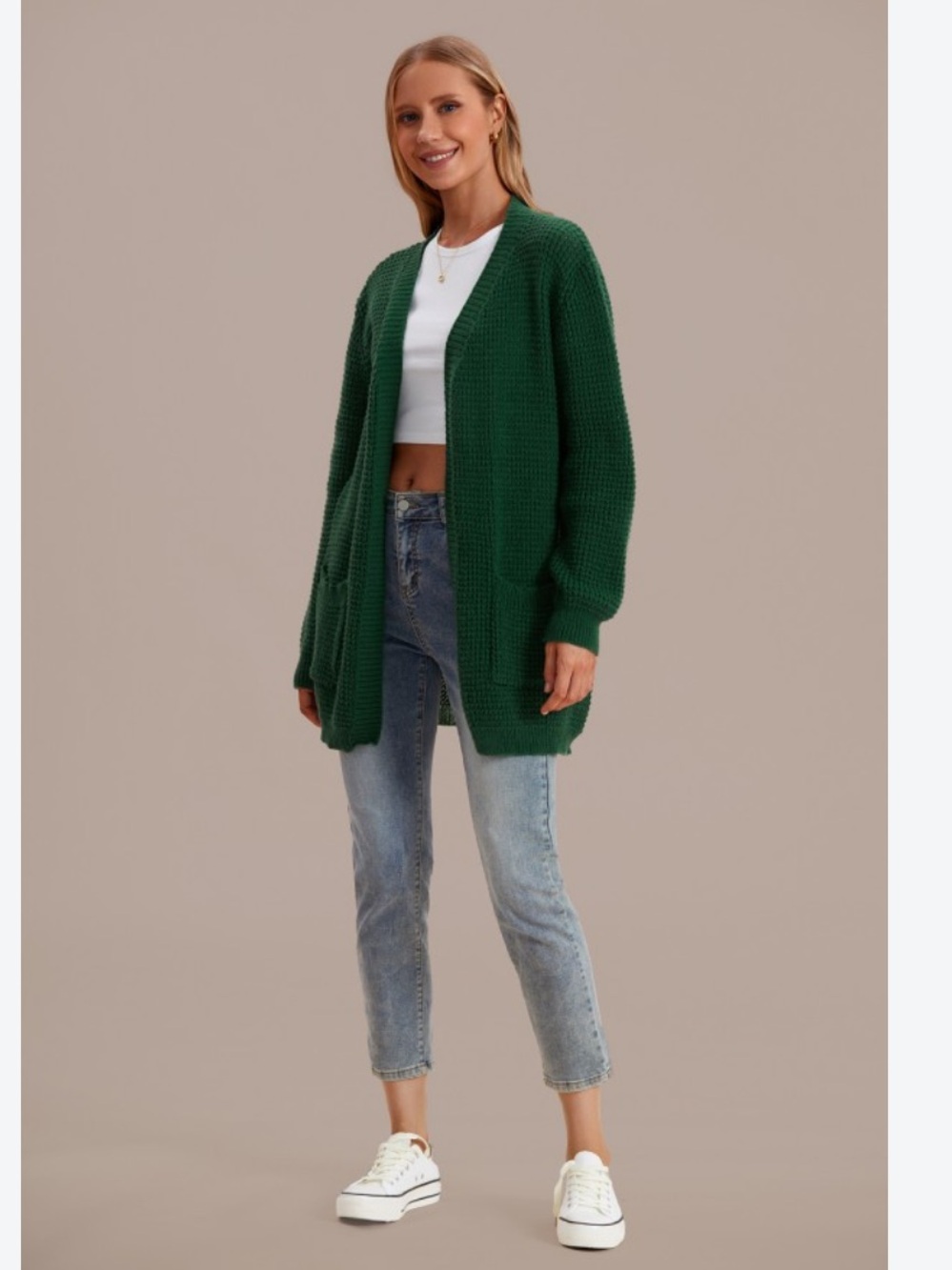 Forest Green Open-Front Fine Knit Cardigan Sweater